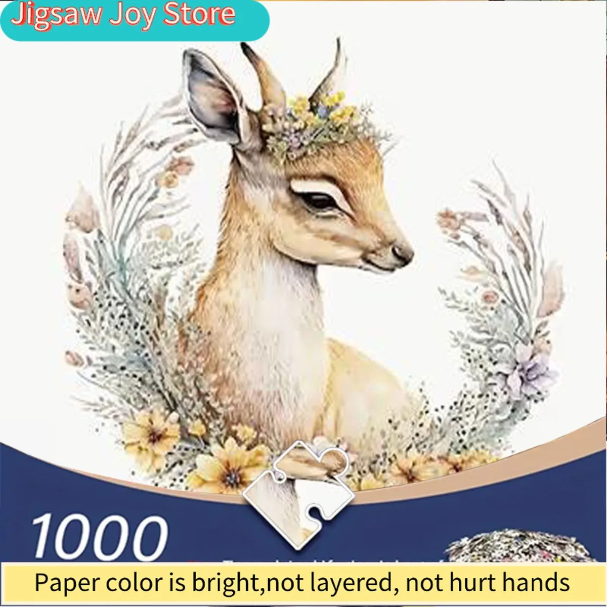 

adult jigsaw puzzle - watercolor style deer head wearing a wreath surrounded by flowers and plants puzzle leisure DIY enthusi