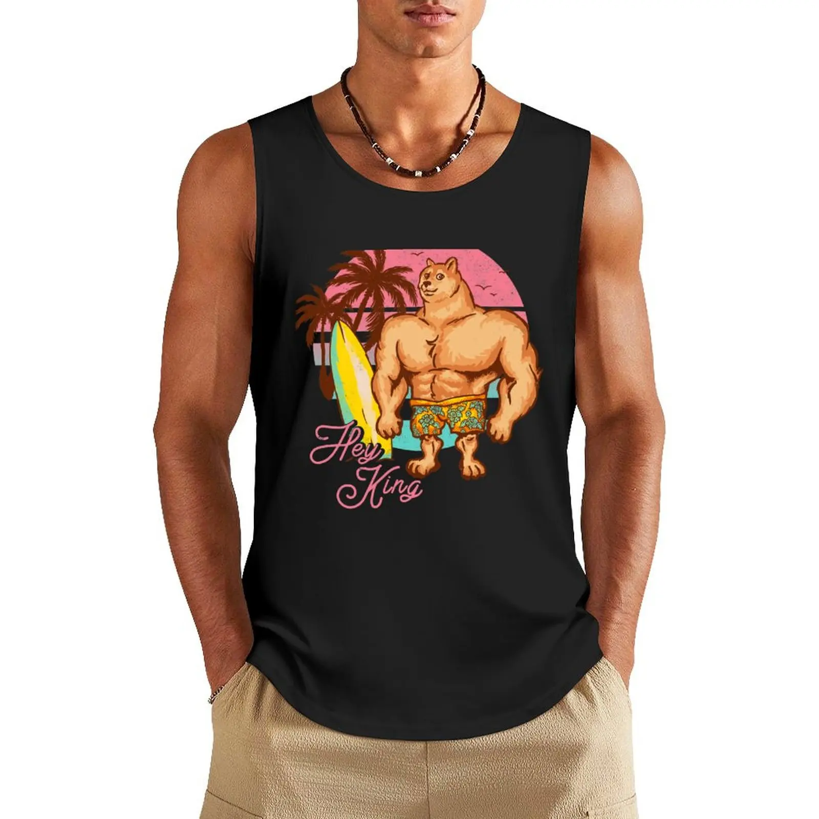 Swole Doge Chilling on the Beach Pink Hey King Big Muscle Buff Dog Meme Chad Shiba Inu Doggo Dank Memes Bonk Dorime Muc Tank Top