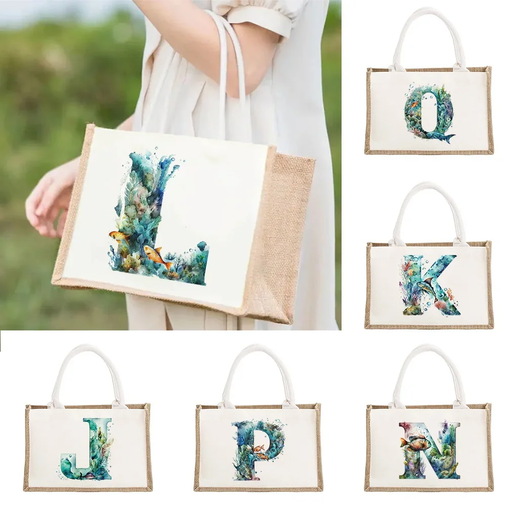 New Fish Letter Printing Pattern Capacity Environmental Protection Linen Shoulder Bag Jute Imitation Sack Women's Shopping Bag