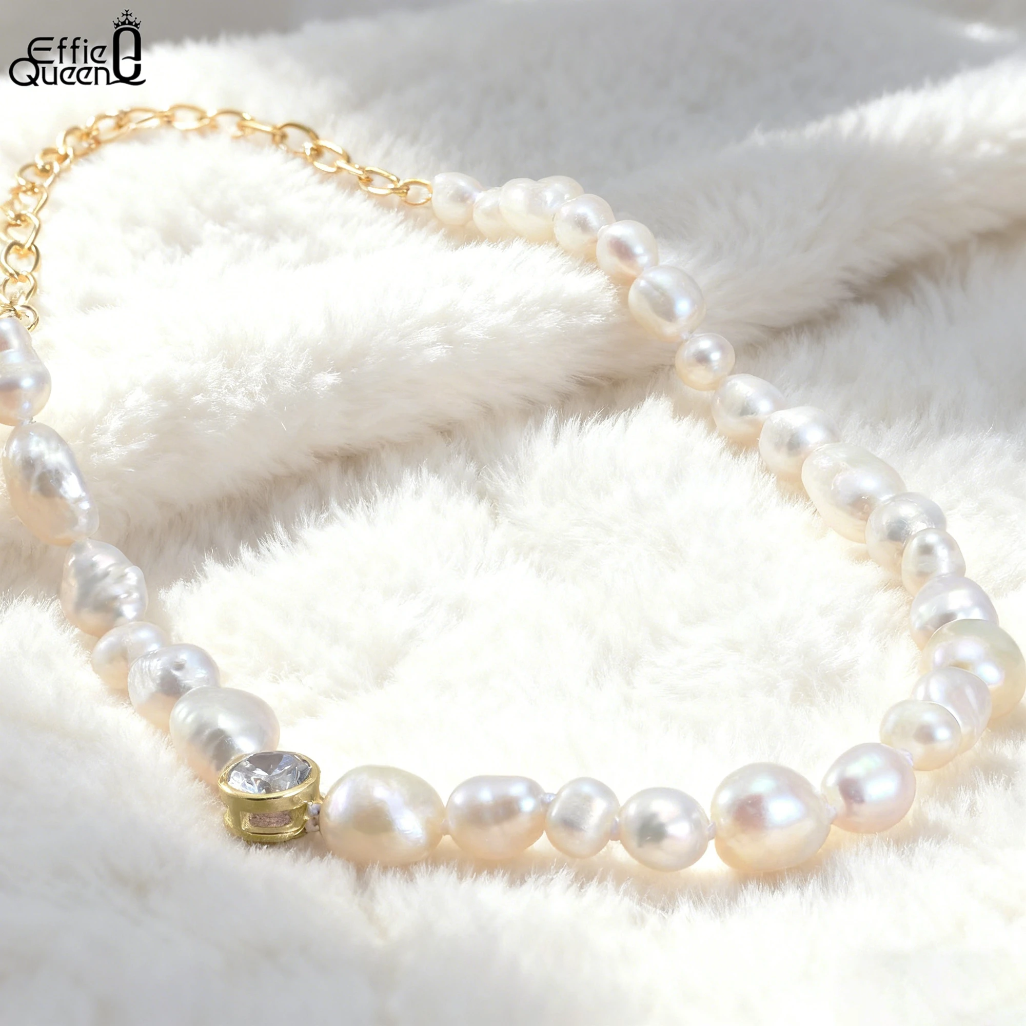 EFFIE QUEEN 925 Pure Silver 14k Gold Baroque Pearl Chain Choker Necklace Plus Zirconia Natural Jewelry for Women Banquet GPN70