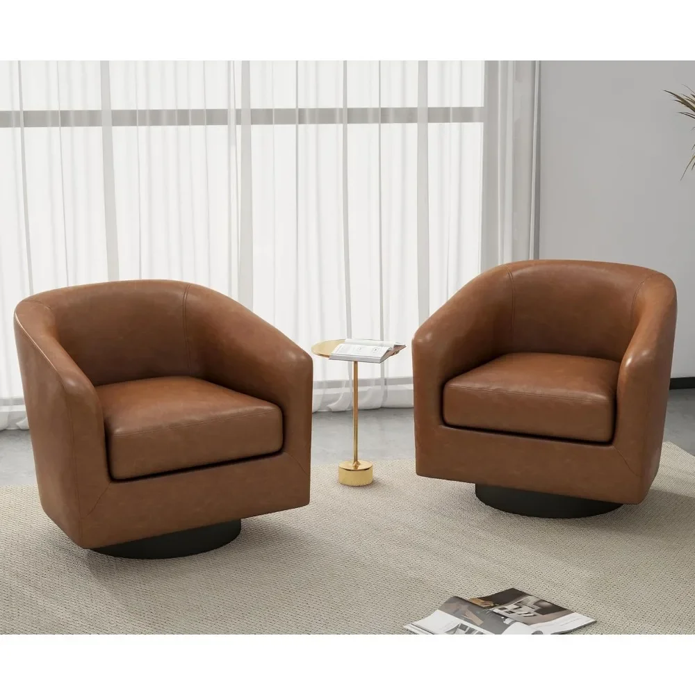 

PU Leather Swivel Barrel Club Chairs Set of 2, Modern Arm Accent Chair Mid-Century Upholstered Round Armchair Single Sofa