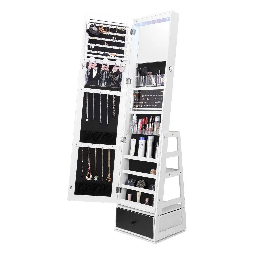 

Mirror Jewelry Cabinet 360 Degrees Swivel Standing Mirror with Storage White
