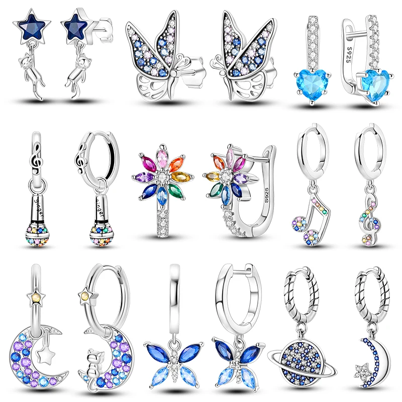 925 Sterling Silver Butterfly Moon Heart Star Music Earrings Pendant Beads Fits Oringinal Fine DIY Jewelry For Women Gifts