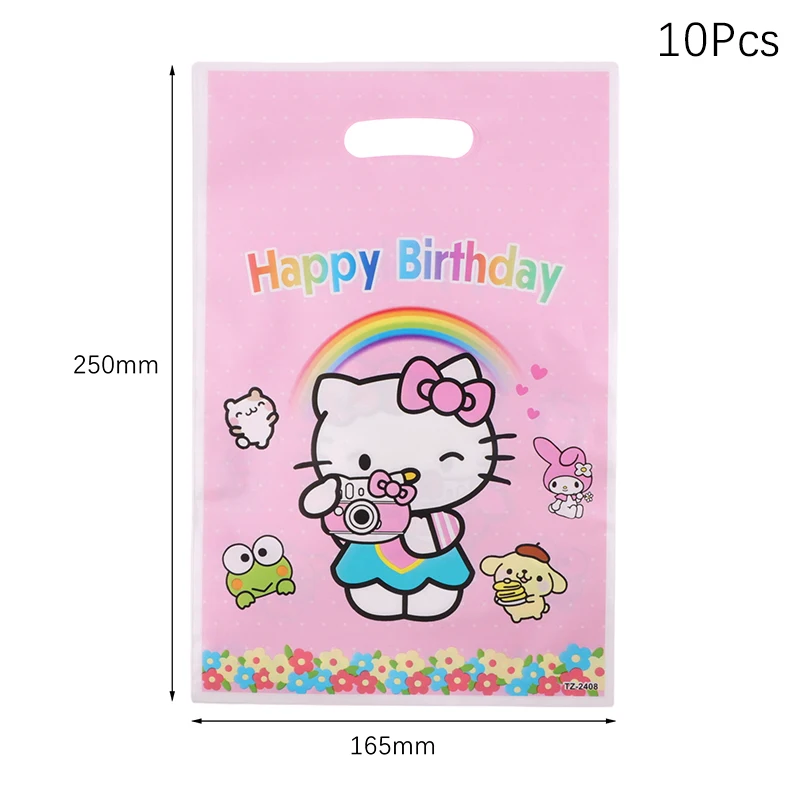 Sacs cadeaux en plastique Hello Kitty pour filles, décoration de fête d'anniversaire, boîte à bonbons, KT Cat Pearl Film, PE Bag, fournitures de fête, décor, 10 pièces