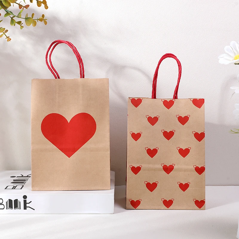 

5pcs Love Heart Kraft Paper Bags With Handle Candy Gift Packing Bag Valentine's Day Wedding Favor Bag Birthday Party Decoration