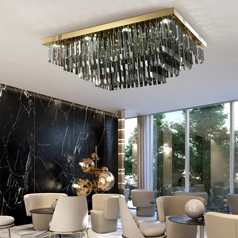 Modern 2024 Black Crystal Ceiling Lamp Home Decor Luxury Rectangle Square Chandelier Led Lamparas for Living Room Foyer