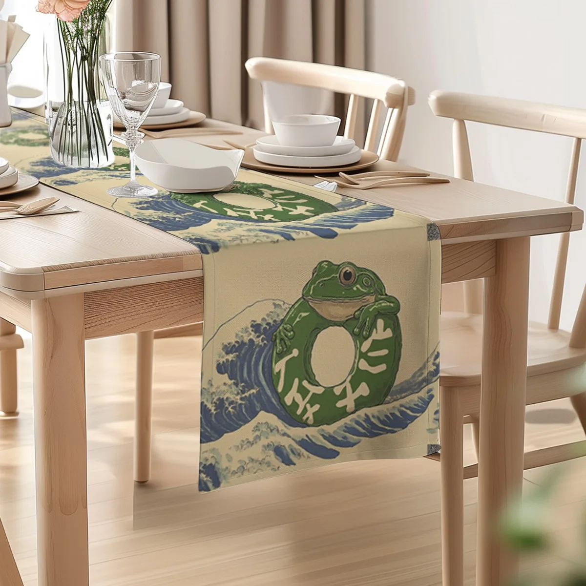 decoration table runner Summer Frog Wave Japanese Long cloth for home, kitchen,outdoors,garden,restaurants,banquet supplies.