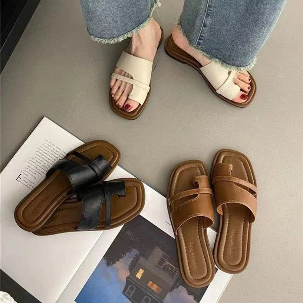 Sandália plana verão cor sólida sandálias planas dedo do pé aberto ao ar livre leve antiderrapante chinelos casuais praia sapatos femininos slides