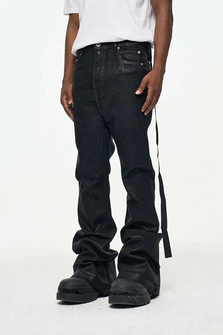 Fashion High Street Slightly Flared Jeans Youth Trendy Loose Jeans Black Waxed Micro Elastic Jeans Fit Bell-Bottom Pants Jeans