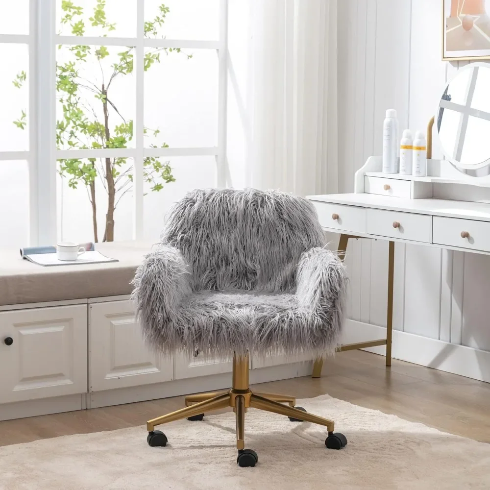 Fluffy Desk Chair, Faux Fur Furry Home Office Chair, Fuzzy Swivel Armchair with Wheels, Height Adjustable Silver Base for Girls