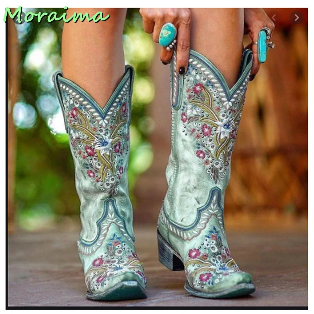 

Ethnic Style Embroidery Mid Calf Boots Women Pointed Toe Slip On Designer Cowboy Boots Block Mid Heel Vintage European 2023 New