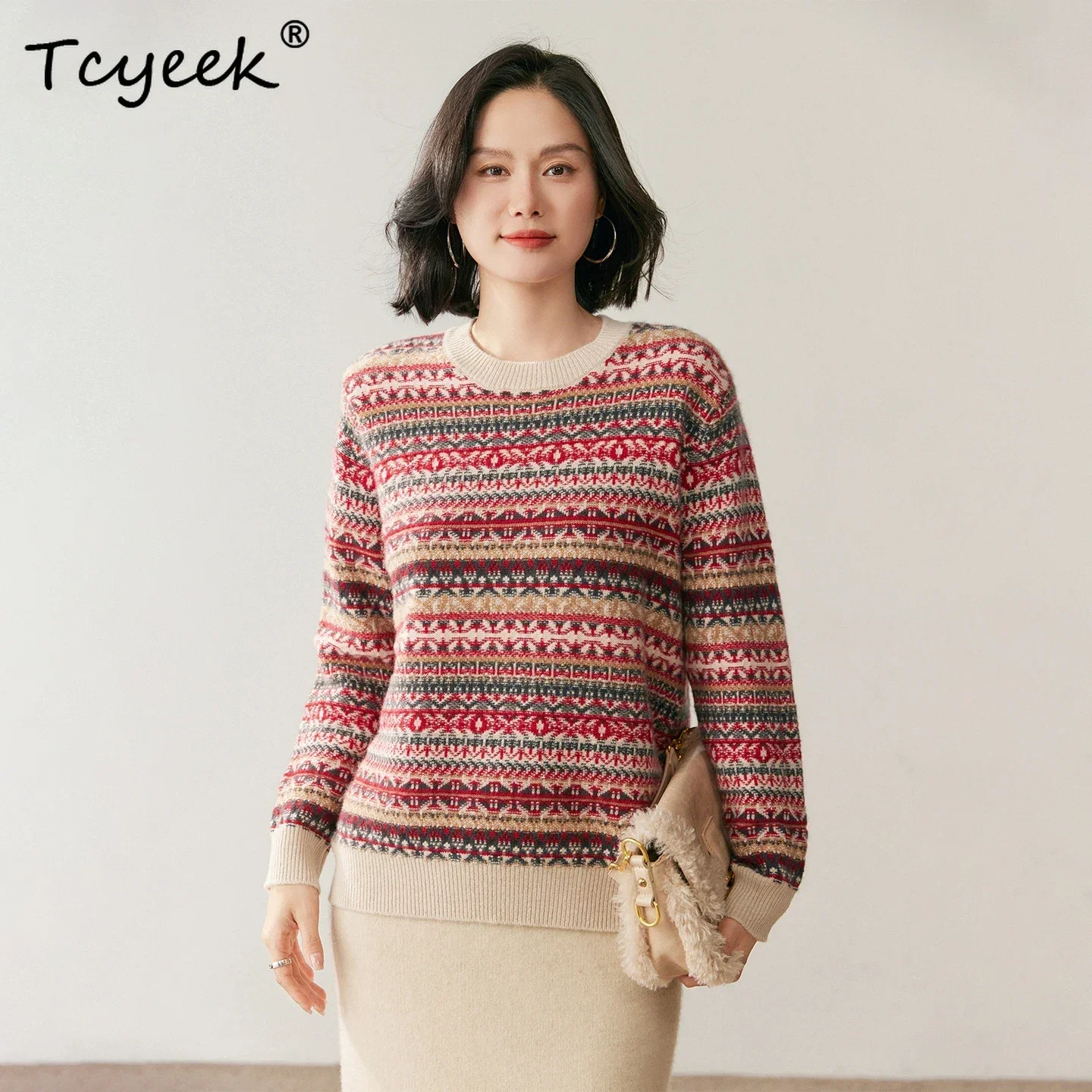 Tcyeek Vintage Sweater Pullover Women 100% Cashmere Fair Isle Knit O-Neck Soft Warm Autumn Winter Casual Stripe Collision Color