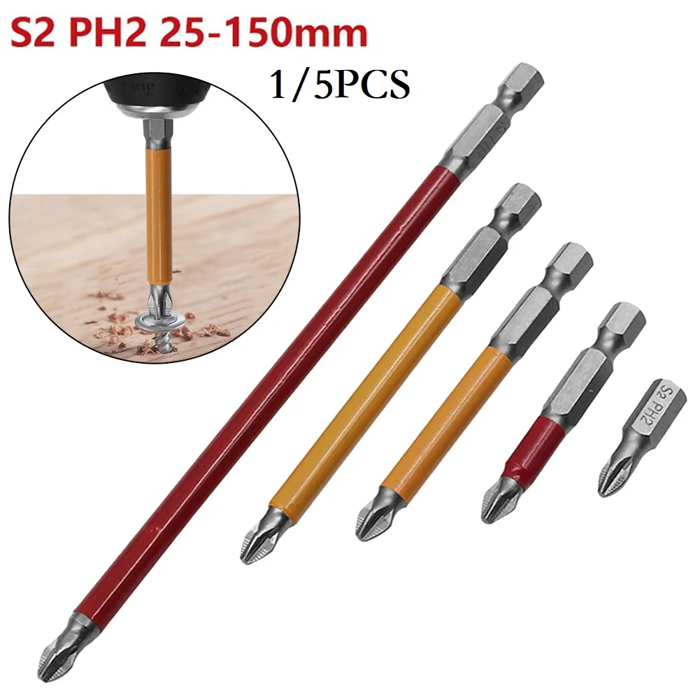 

1/5PCS Anti Slip Magnetic Screwdriver Bit Set PH2 25-150mm 1/4" Hex Shank Long Reach Screwdriver BitS Phillips/Cross Batch Head