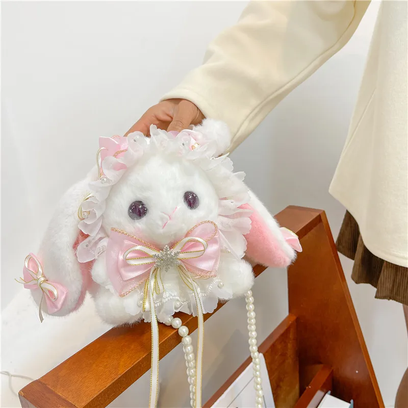 2024 New Handbag Princess Sweet Crossbody Bag Kawaii Lolita Bow Rabbit Plush Stuffed Shoulder Bag Girls Best Birthday Gifts