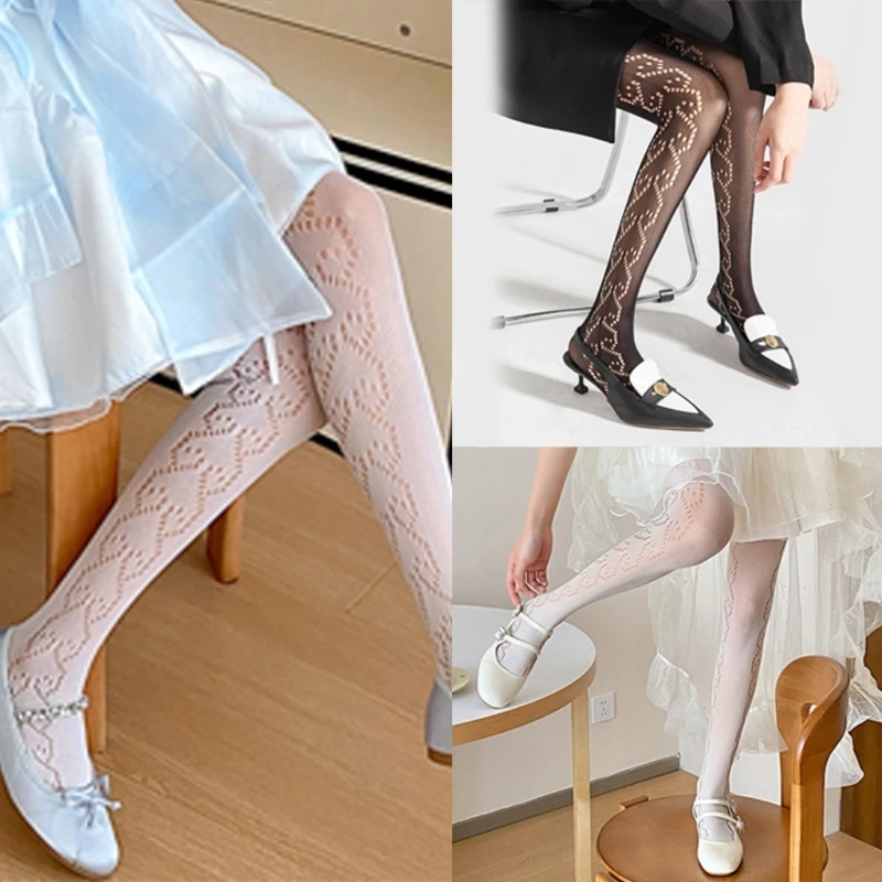 Womens Thin Mesh Pantyhose Side Hollowed Heart Jacquard Sheer Tights Stockings