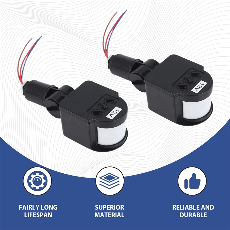 AED7-3 pz Rilevatori di movimento neri Sensore di movimento Interruttore della luce Pir esterno Sensore di movimento a corrente continua 12V Sensore Pir