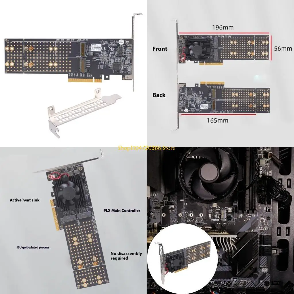 K0EA Four M.2 NVMe PCIe3.0 Expansion Card With Hardware Level SSDs Support Active Cooling System Double Brackets Compatibility