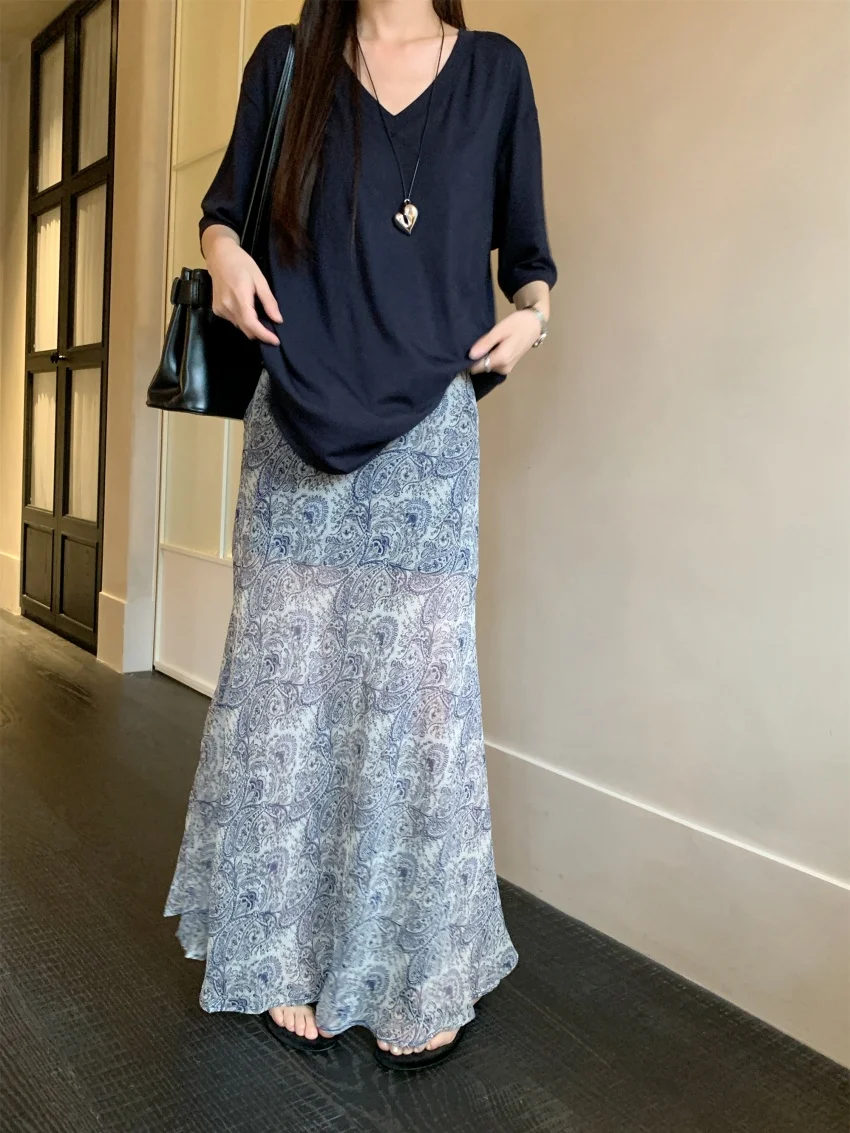 Alien Kitty Summer Florals Gentle Skirts Women Chic New Loose 2025 Daily Office Lady Casual V-Neck Slim Short Sleeve T-Shirts