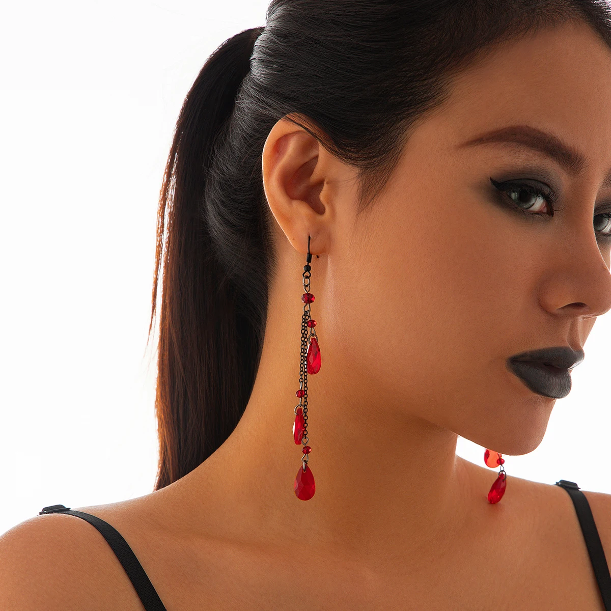 KunJoe Halloween Red Crystal Blood Droplet Long Tassel Pendent Earrings for Women Gothic Vintage Water Drop Dangle Earring 2024