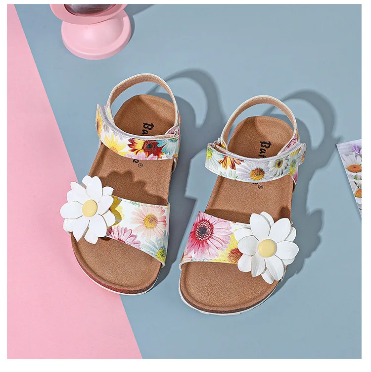 Children\'s Sandals 2023 Summer Kids Soft Sole Beach Shoes Girls Princess Flower Hook&Loop Cork Sandals Size 20-30