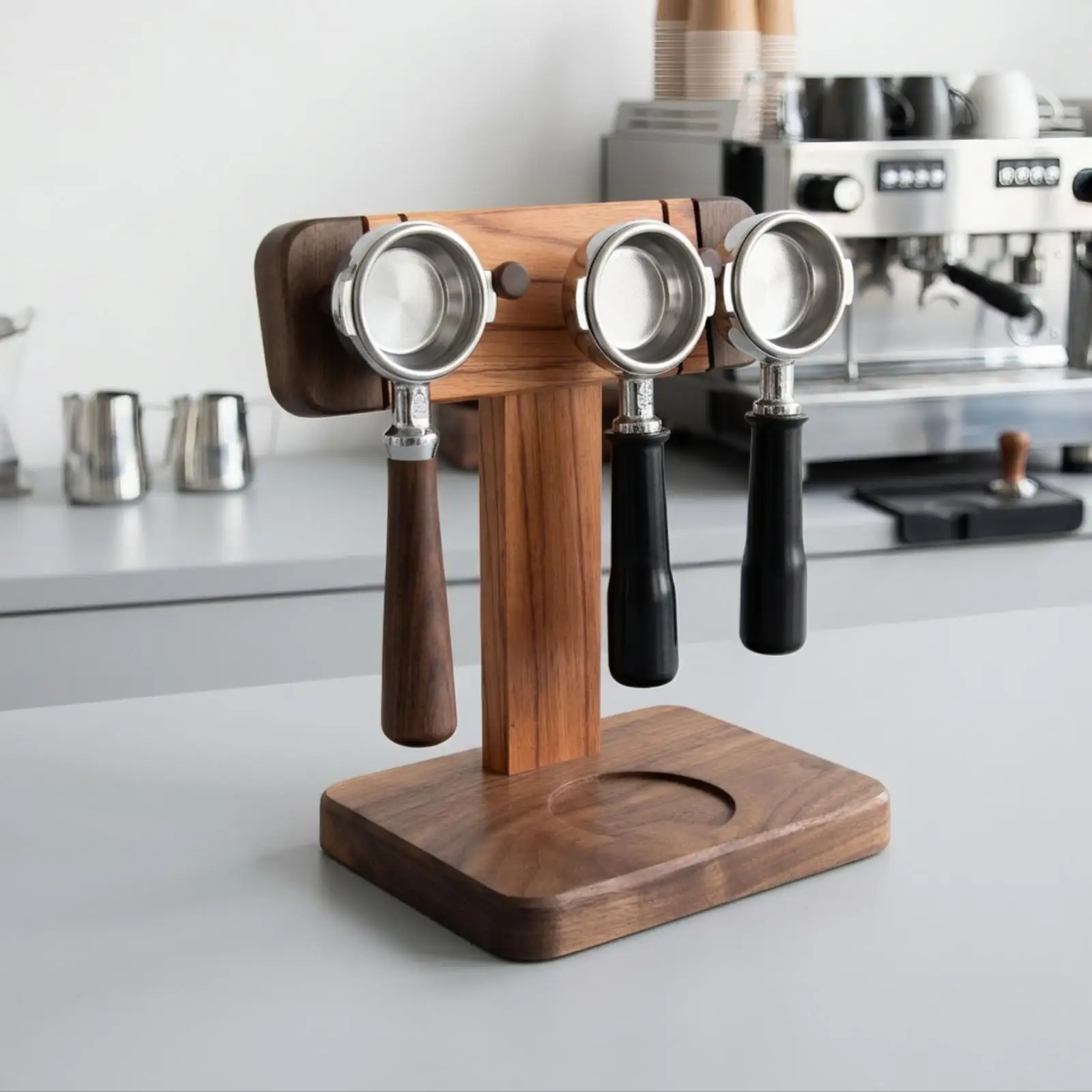Coffee Handle Holder Wooden Stand for Espresso Machine Portafilter Tool Organizer Barista Counter Rack