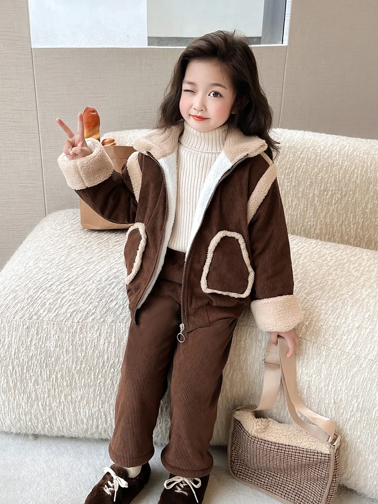 

Thiened Fce Children's Faionable Autumn Winter Outfit Baby Cotton Clothes Two-Piece Set Girls' Ensemble Warm Casual Sle