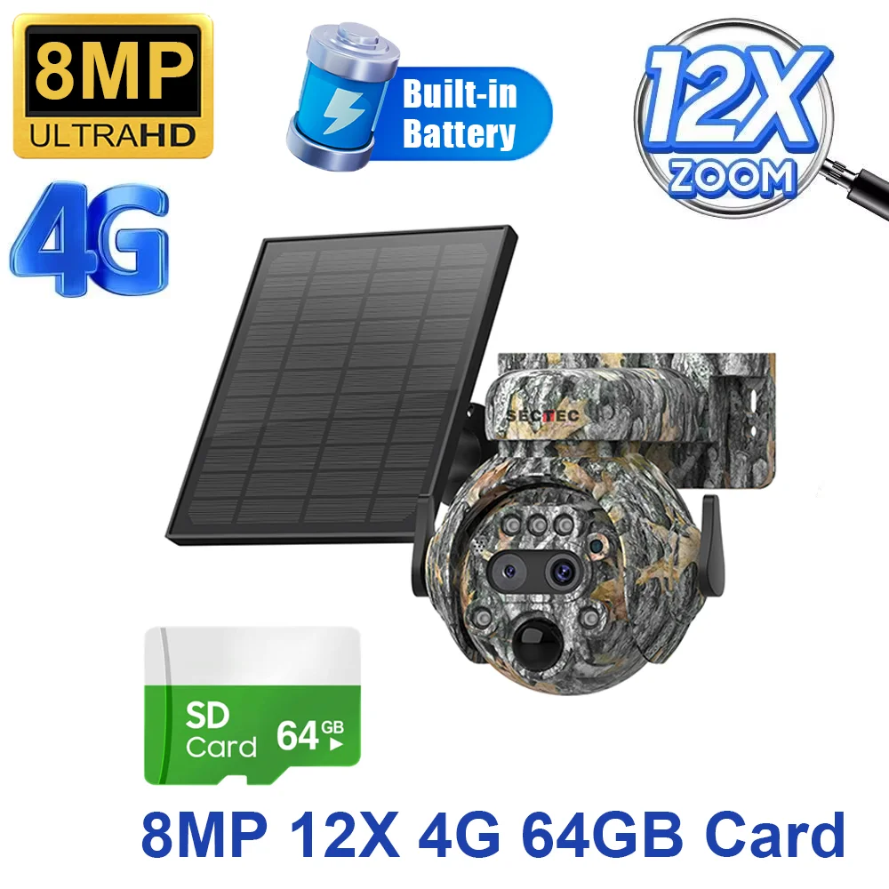 SECTEC 12X ZOOM 4K 8MP Solar Camera Dual lens 4G 360° View Camouflage Color Outdoor Hunting Camera 7800mAh Battery Ubox app image 3