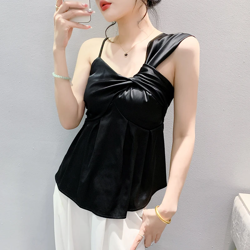 MadBlack European Clothes Tshirts Women Sexy Irregular Crossover Satin Slim Waist Tops Short Sleeve Tee Summer T45545JC