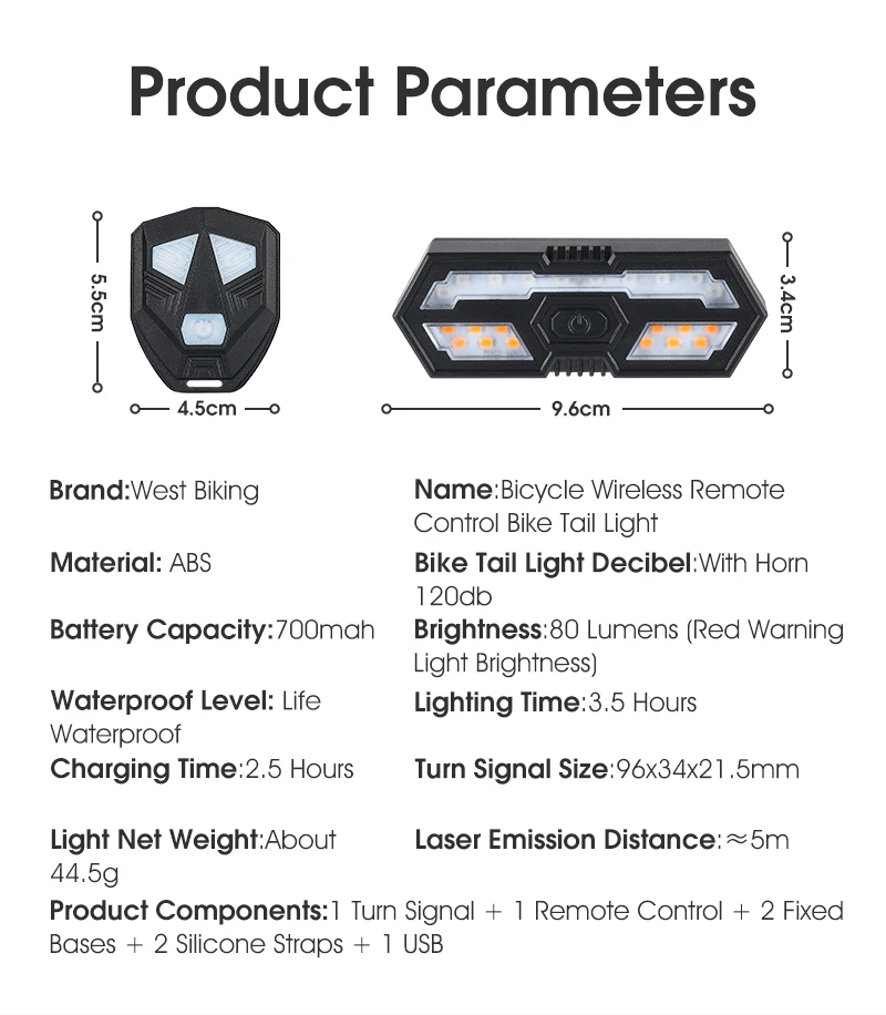 Bicycle Turn Signal Rear Light LED Cycling Taillight USB Rechargeable Bike Wireless Lights Riding Warning Flashing Lights Parts