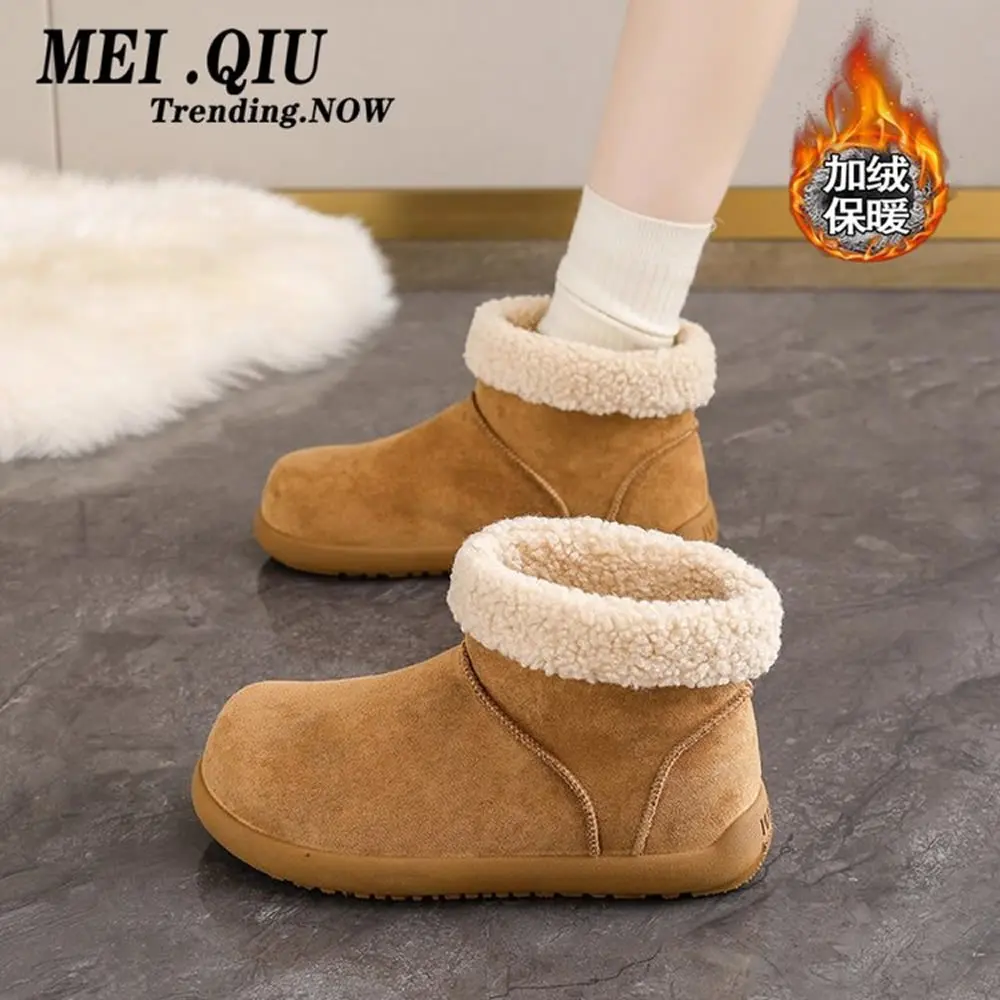 

Зимние сапоги в стиле ретро, женские ботильоны с короткими рукавами на толстой подошве, новинка 2025, стильная флисовая хлопковая обувь, замшевые туфли для хлеба