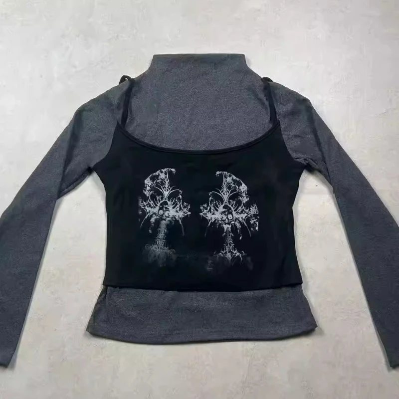 Original Design Subculture Fake Two-Piece Women's Bottoming Shirt 2026 Spring Sweet Cool Versatile Long Sleeve T-Shirt Ladies