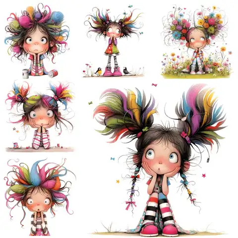 Quirky Girl Heat Transfer Patches for Clothing DIY A-Level Washable T-Shirts Iron-on Thermal Stickers Cute Doll Patches Applique