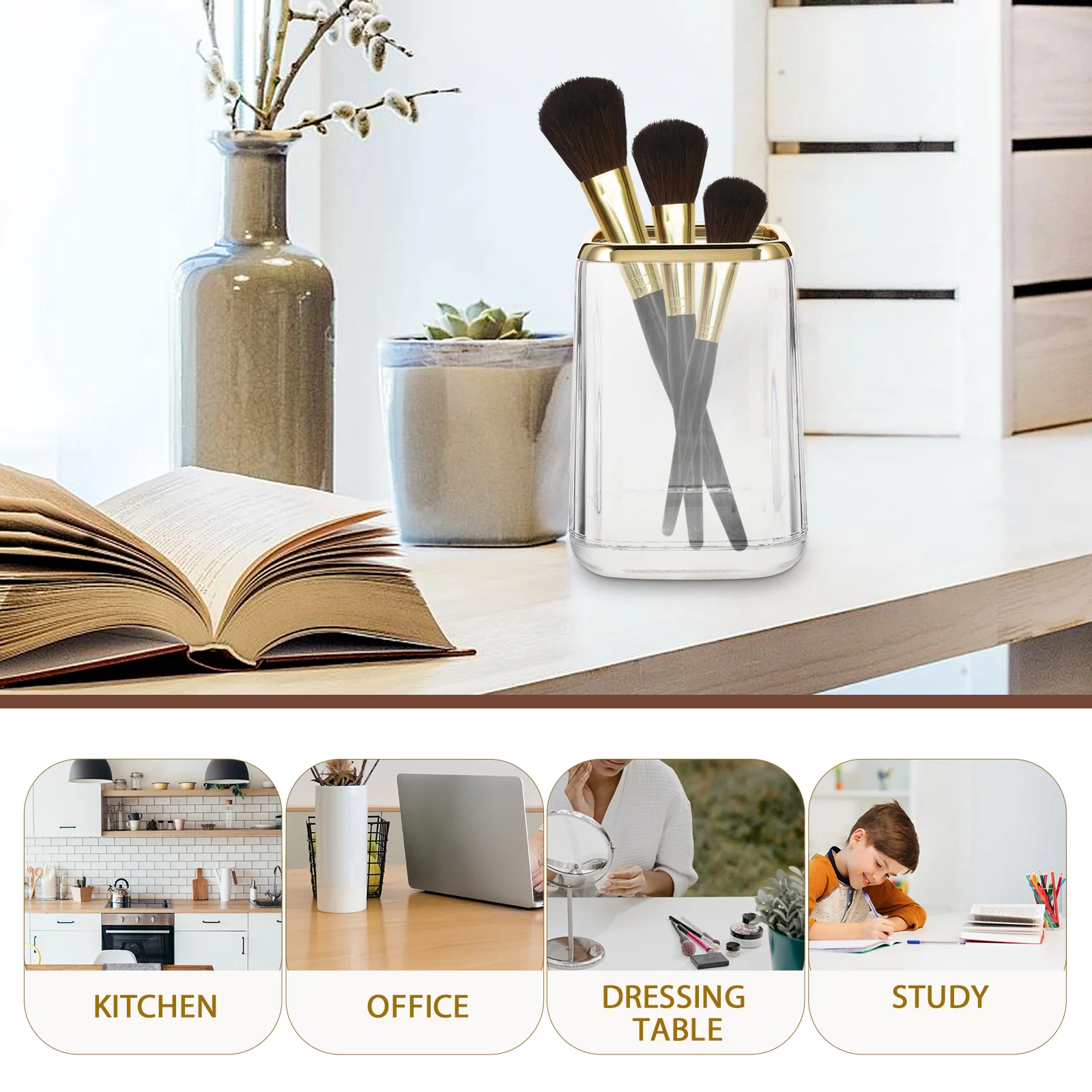 

Clear Double Head Makeup Brush Storage Bucket Organizer For Desk Vanity Pencil Cup Large Capacity Easy Access Brush