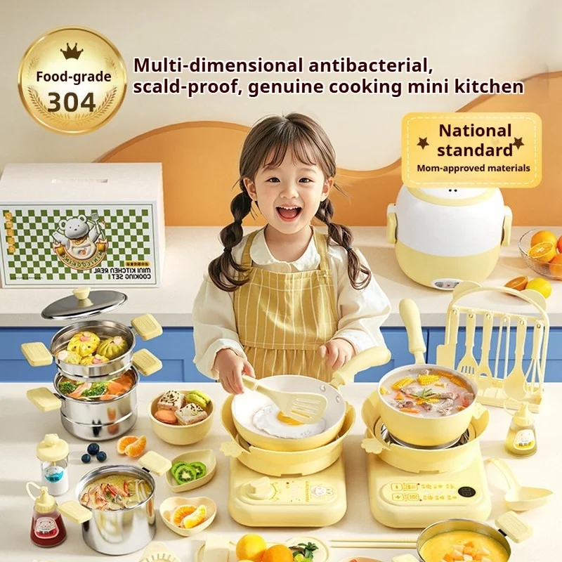 Mini Real Cooking Kitchenware Set Full Stainless Steel Non Stick Cookware Kit With Electric Stove For Home Kitchen Use