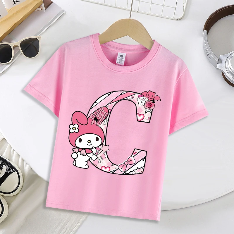 내 멜로디 핑크 편지 A-Z 티셔츠 반팔 여름 코튼 소녀 의류 패션 만화 Sportwear 어린이 생일 파티 셔츠