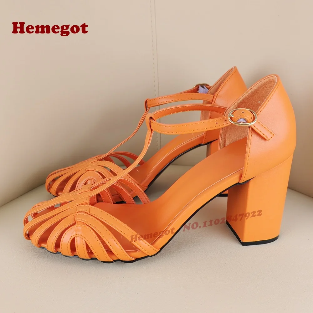 

Orange Straps Cut Out Sandals T-Strap Buckled Chunky Heels Women's Sandals Leather Summer 2025 New Runway Shoes Sexy Solid