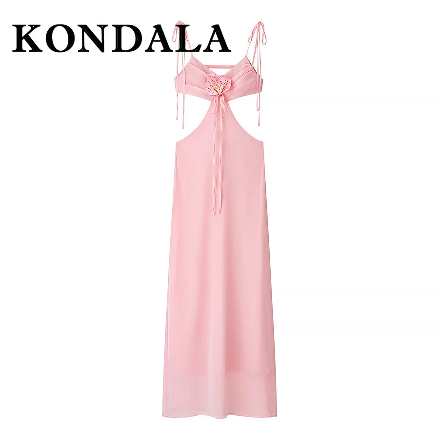 KONDALA Seksi Różowa Sukienka na Imprezę Nocną Damska Moda 2025 Wycięta Sukienka na Ramiączkach typu Cami, Dopasowana, Długa, Elegancka, Bez Pleców, Sznurowana, Vestidos
