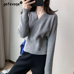 Women's Korean Vintage Simple Chic Double Breasted Knitted Cardigan Y2K Female Solid V Neck Long Sleeve Slim Outerwears Sweater