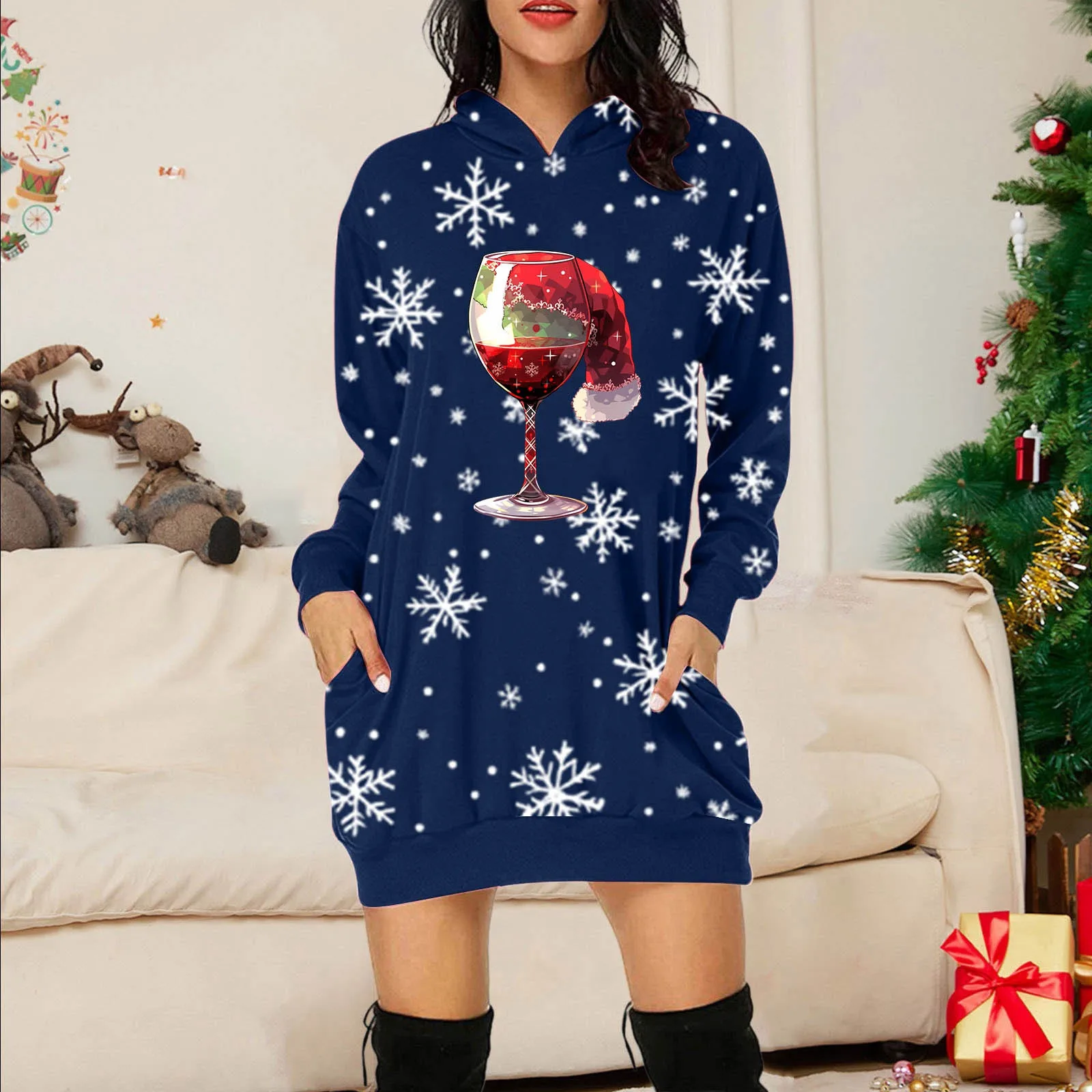 Christmas Snowflake Wine Cup Print Long Sweatshirt Dress for Women Casual Comfortable Holiday Dresses 2024 New Year Midi Dress