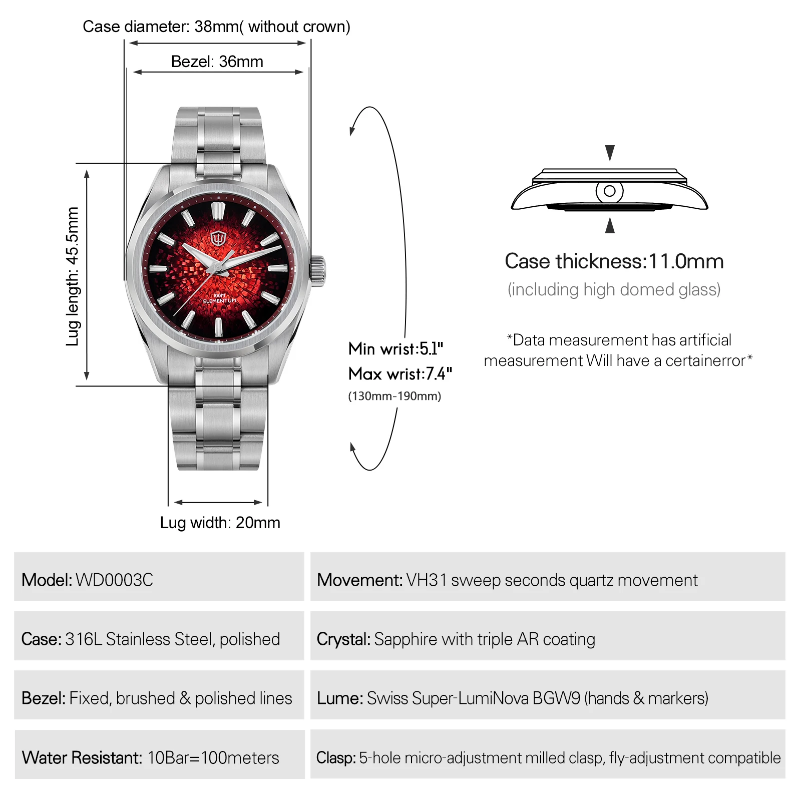 Watchdives New WD0003C Quartz Watches Man 38Mm Ice Cracks Texture VH31 Watch AR Sapphire Waterproof Stainless Steel Luxury Watch view 2