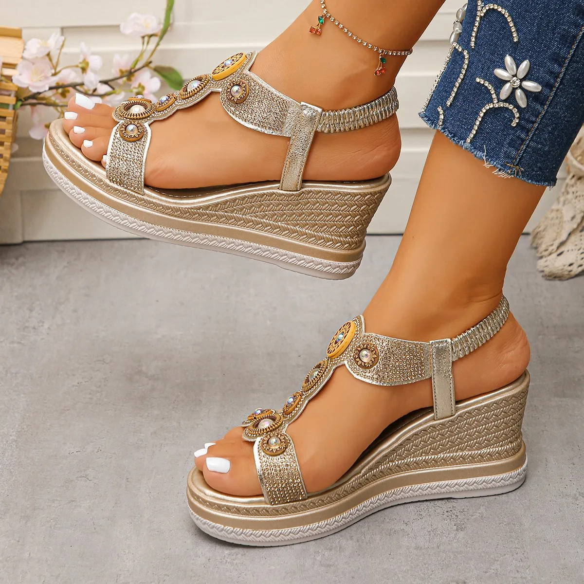 Women Sandals Bohemian Style Wedge Sandals Summer Thick Sole Non Slip Beach Shoes Woman Colorful Bead Chunky Platform Sandals