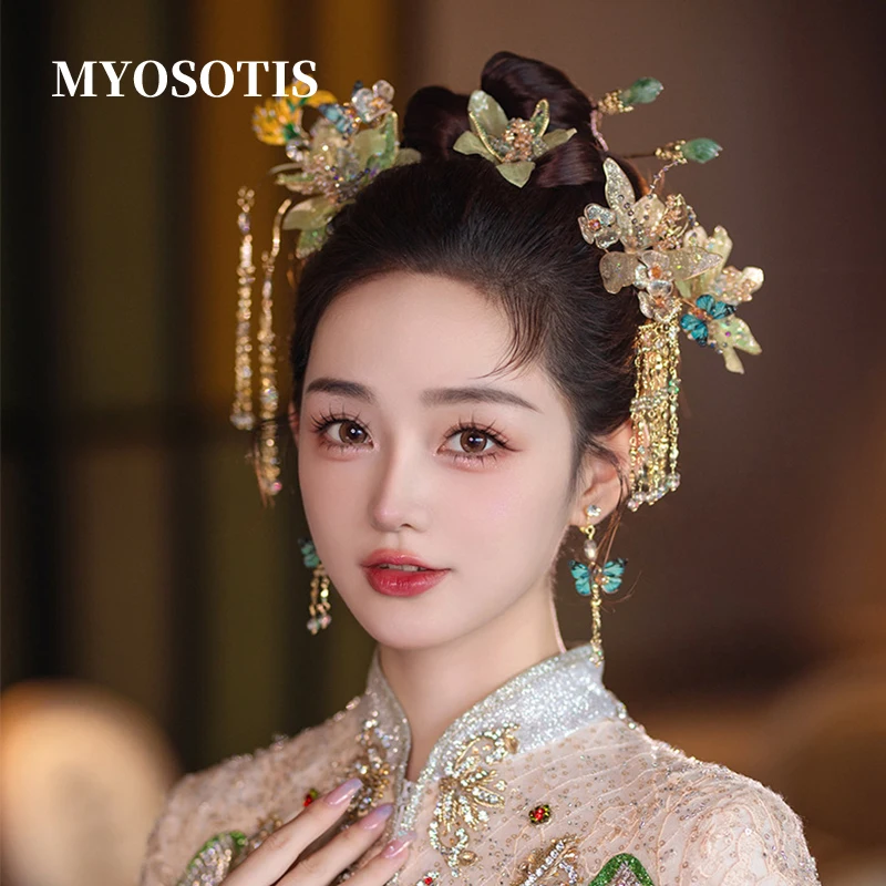 

Bride's Turquoise Color Chinese Style Xiuhe Headdress Cheongsam Hanfu Age Reducing Hairpins Set