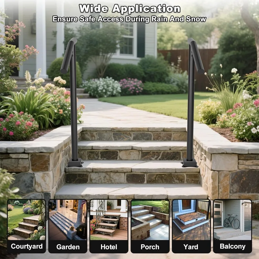 درابزين معدني عالي التحمل في الهواء الطلق لكبار السن - درابزين درج 1-3 خطوات، مطلي بالمسحوق، عمود فردي، نمط حديد مطاوع #5