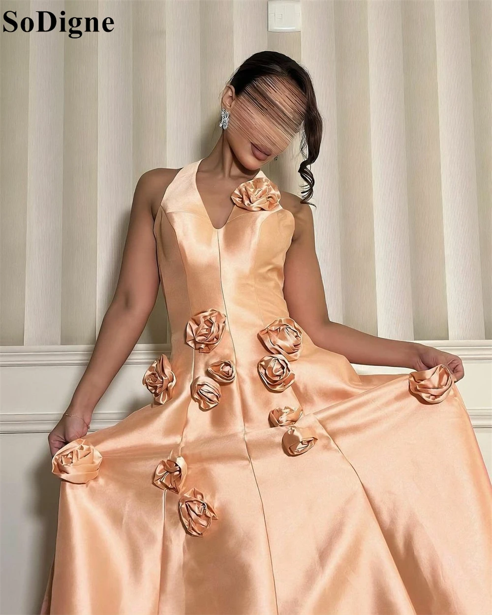 SoDigne Peach Satin Evening Dresses V-Neck 3D Flowers A-Line Pleated Sleeveless Party Dress 2024 Elegant Prom Gowns Customized