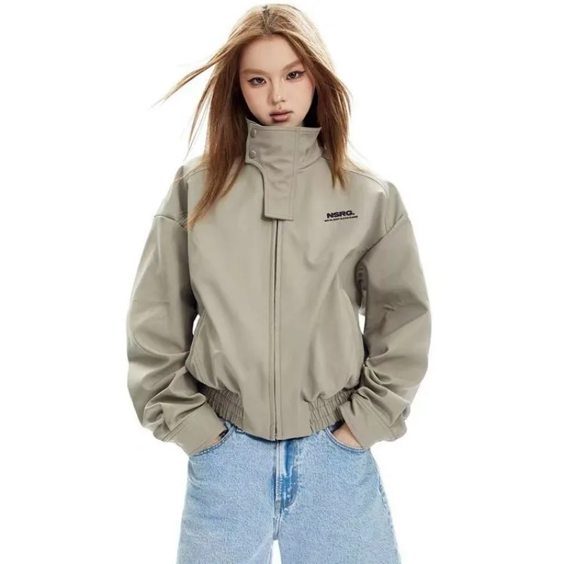 Women American Vintage Functional Jacket Short Waist‑Tight Stand Collar Fleece Lined Outdoor Windbreaker Coat Autumn Winter