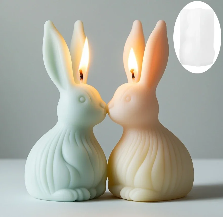 Moule 3D en Silicone pour Bougie de Lapin Mignon, Oreilles Verticales, Fleur, Lapins, Résine, Rayé, Lapin de Pâques, Béton, Plâtre