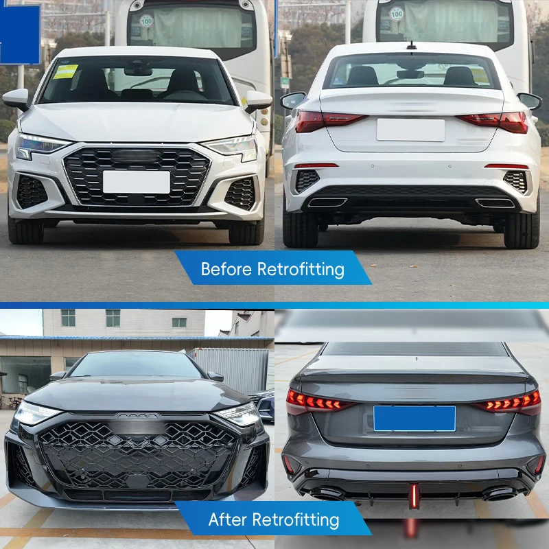 RS3 2025 تعديل السيارة طقم المصد الأمامي والخلفي الجديد مع ترقية سيارة الضباب الخفيف لـ 2021-2024 4ud1 A3