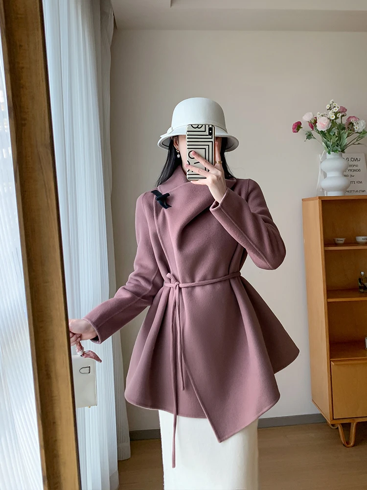 

Новое корейское женское шерстяное пальто 2025 года, двустороннее шерстяное пальто в стиле Хепберн, зимнее, с поясом, длинное, с длинными рукавами