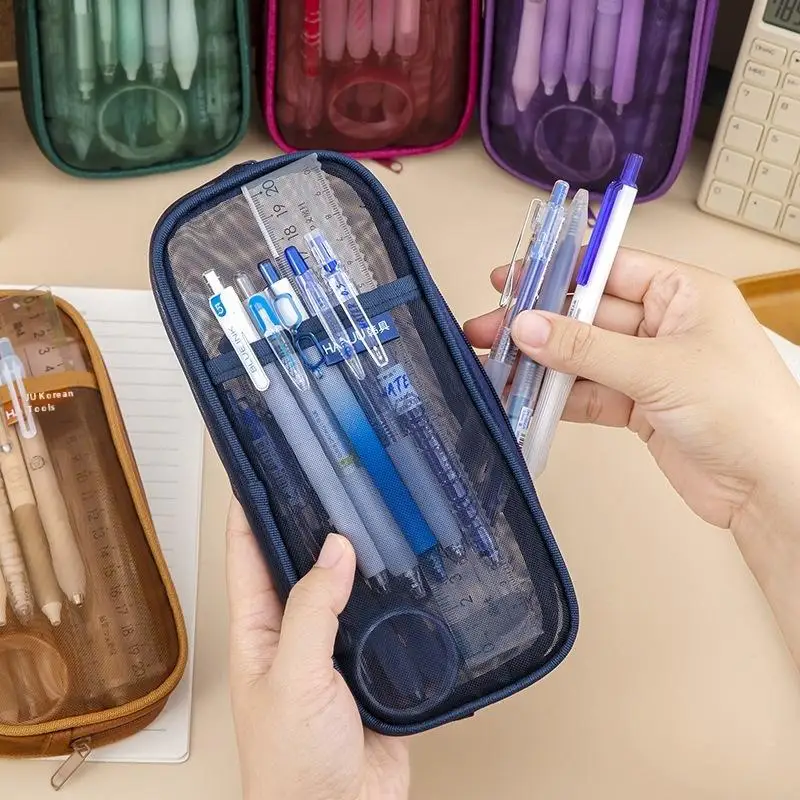 

Transparent Mesh Pencil Case Double Layer Portable Lightweight Girls Pencil Pouch Korean Style School Stationery