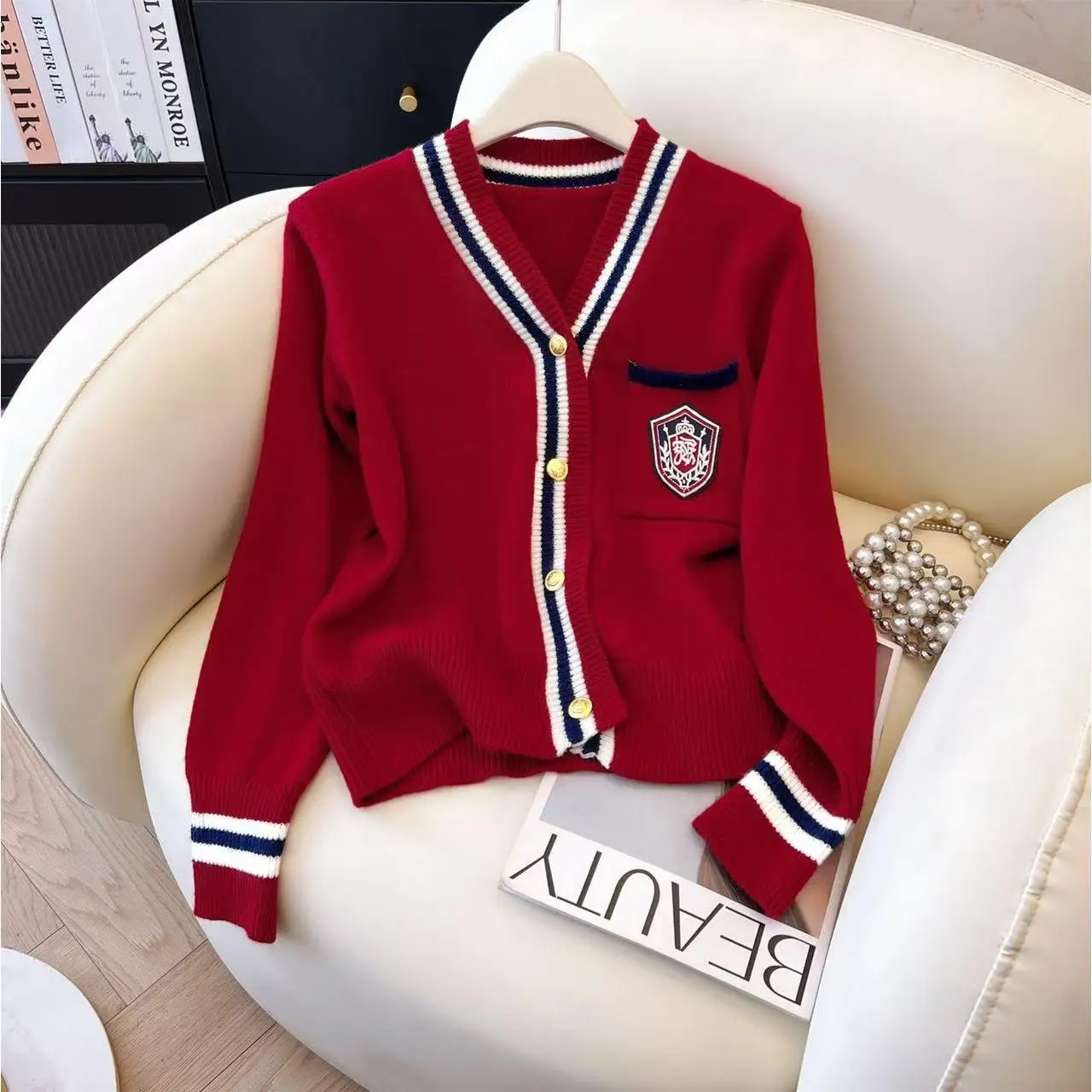 

Retro American Color Blo V Ne Knitted Sweater Korean College Sle Autumn Slimming Versatile Open Cardigan Woolen Sweater